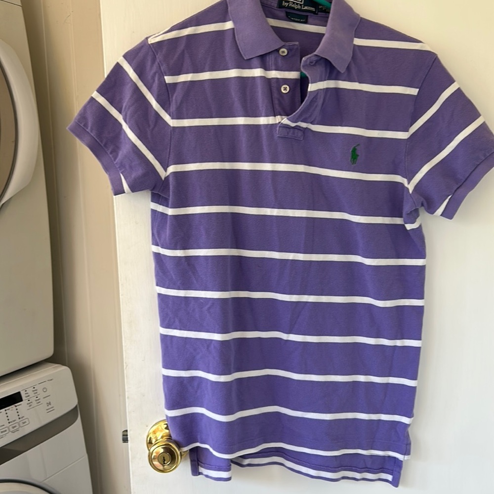 Polo by Ralph Lauren size small. Gently worn. Purple with white stripes